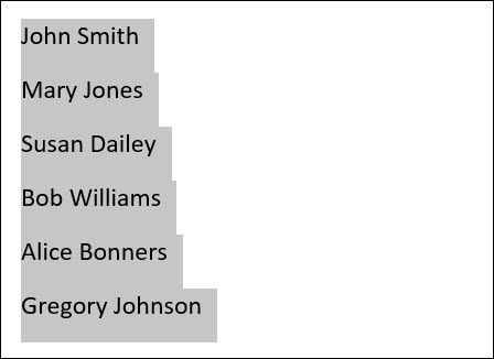 Список имён с несколькими словами в каждой строке