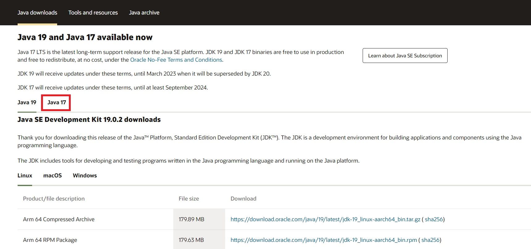 загрузка Oracle Java 17 с официального сайта