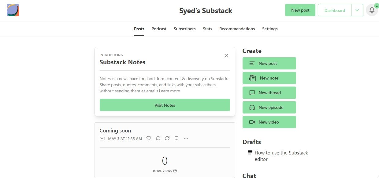 скриншот панели Substack