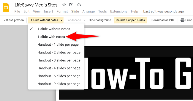 Окно предварительного просмотра печати с опцией «1 слайд с заметками».