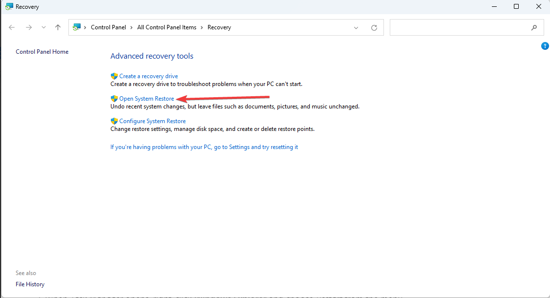 Окно восстановления системы
