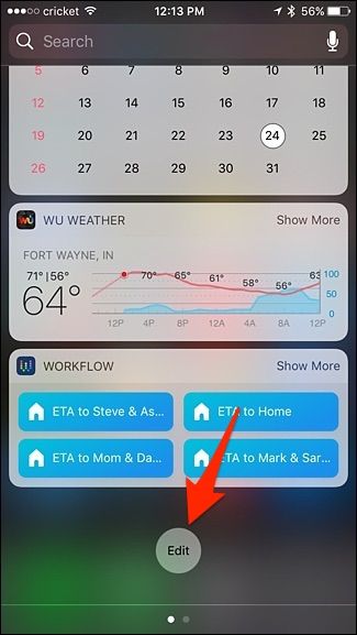 Экран редактирования виджетов в iPhone