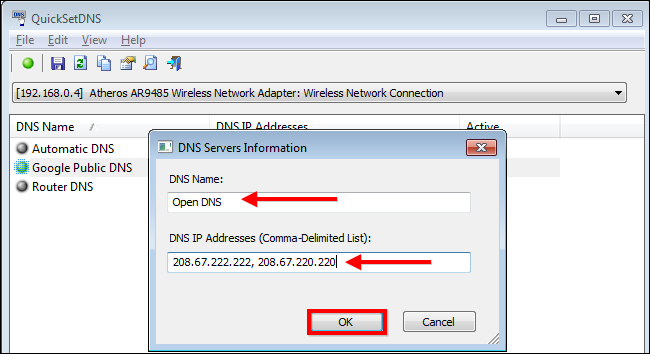 Форма добавления нового DNS в QuickSetDNS