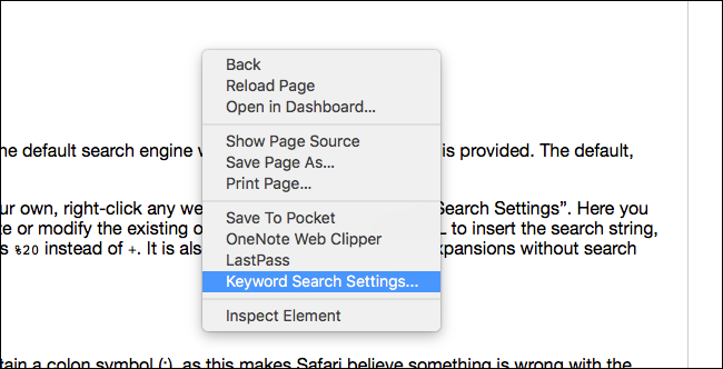 Изображение: пункт меню для открытия настроек Keyword Search в Safari