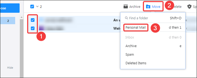 Выбор писем и кнопка перемещения в папку