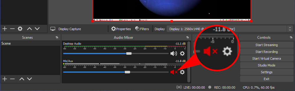 Заглушите микрофон в OBS, чтобы он не смешивался с системным звуком