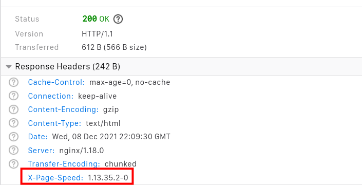 Инструменты разработчика: заголовки ответа с PageSpeed