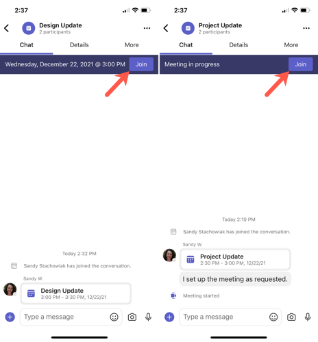 Собрание Teams в чате на мобильном