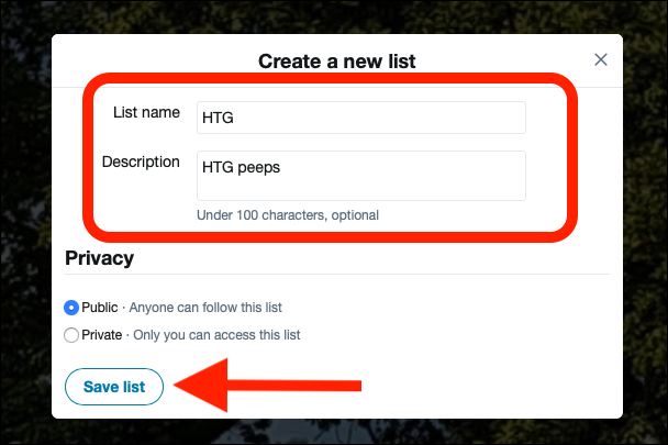 Форма: имя списка, описание и переключатель 'Публичный/Приватный', кнопка 'Сохранить список'