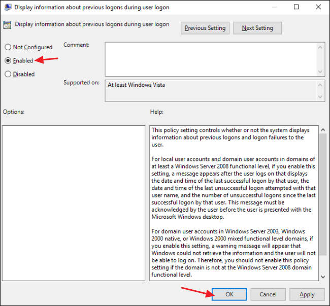 Окно параметра политики, выбран режим Включено