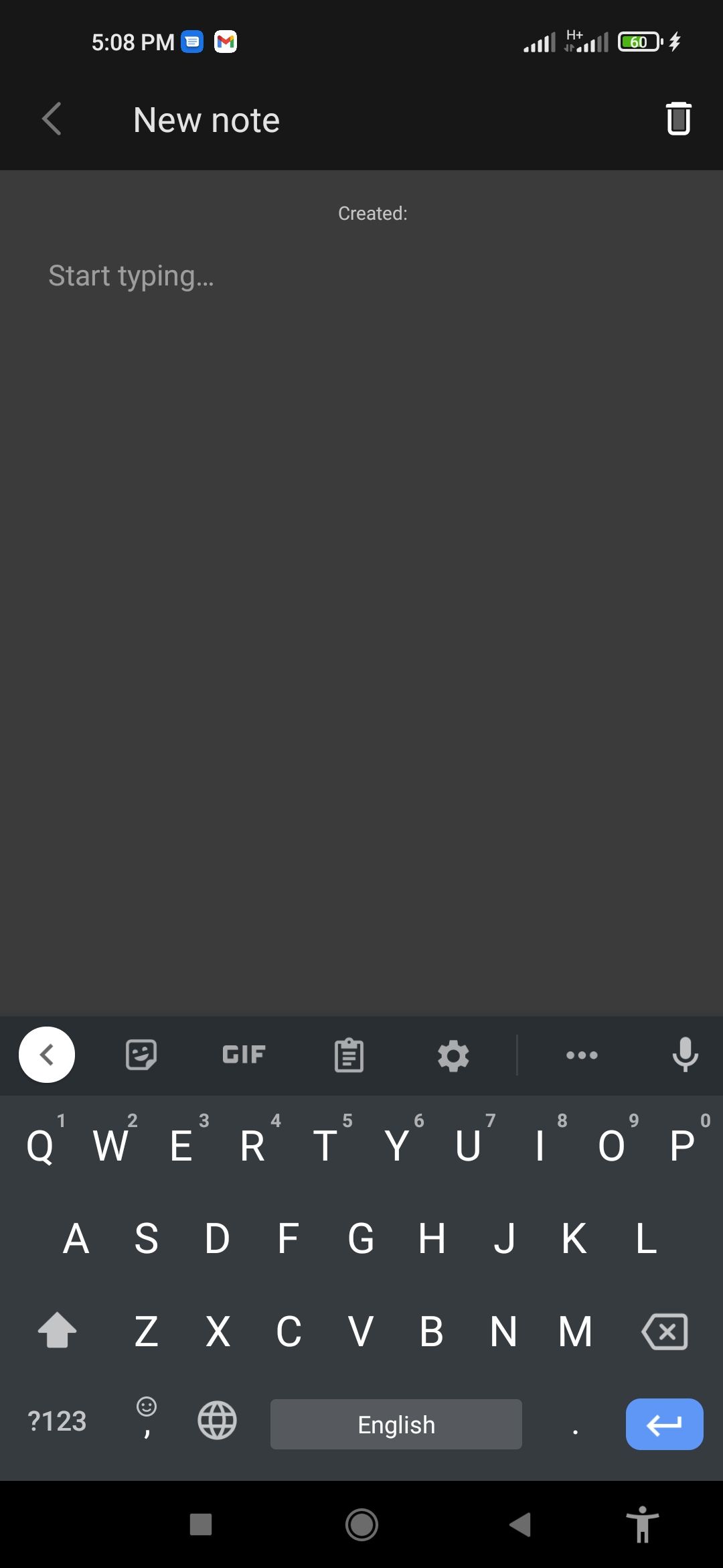 Начало ввода заметки в Vivaldi Android