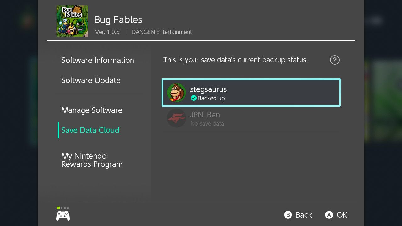 Статус облачных сохранений конкретной игры на Switch