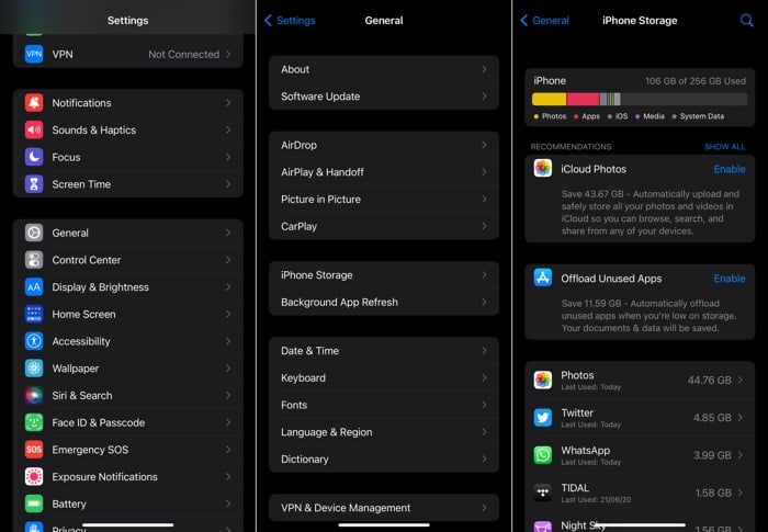 Экран с информацией об iPhone Storage
