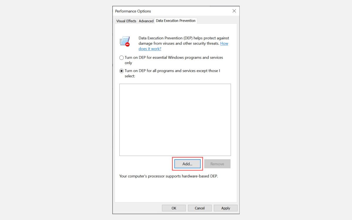 add button to add exception app