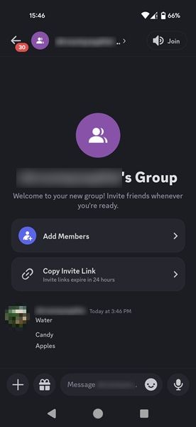 Группа, созданная с самим собой в Discord для Android.