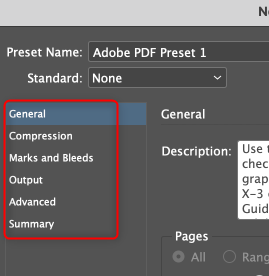 Шесть основных категорий в окне пресета.