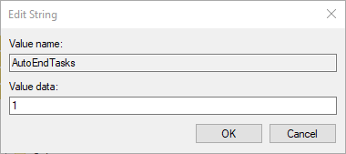 Установка значения AutoEndTasks равного 1 в редакторе реестра