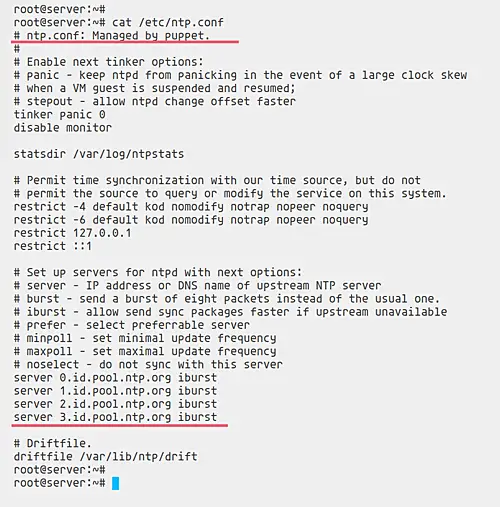 Файл /etc/ntp.conf с настройками NTP, управляемыми Puppet