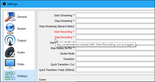 Настройка горячих клавиш в OBS