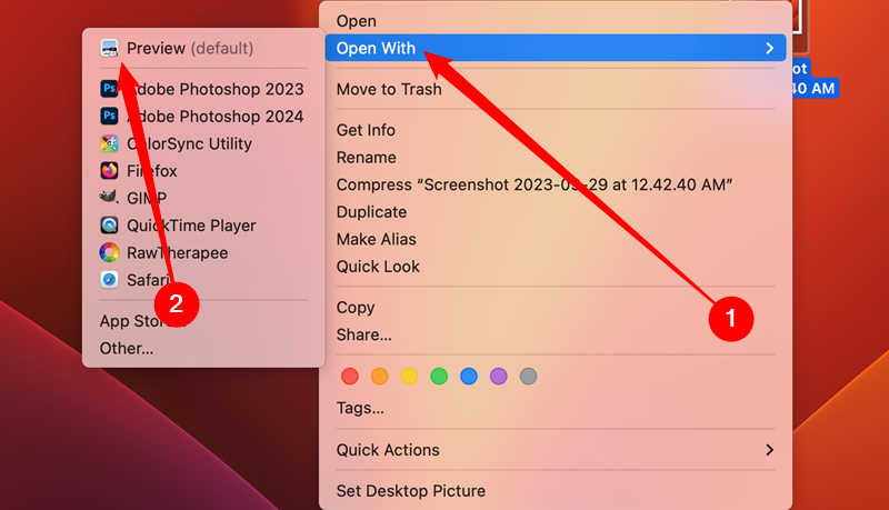 Контекстное меню macOS: «Open With» → «Preview».