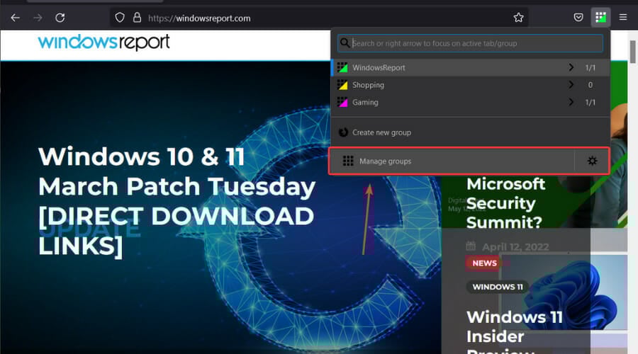 Кнопка управления группами в расширении