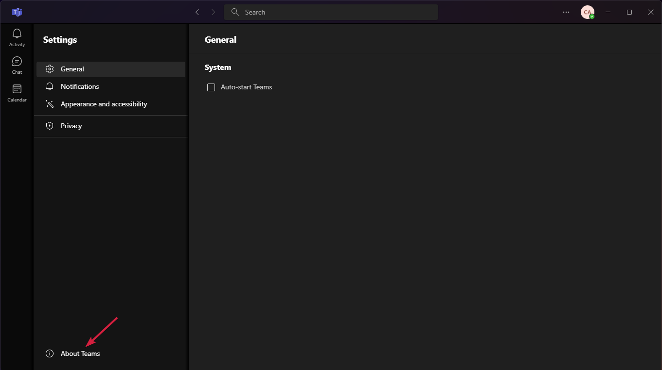 Раздел About Teams с информацией о версии