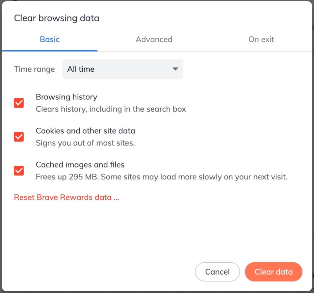 Pannello cancellazione dati di Chrome con opzioni