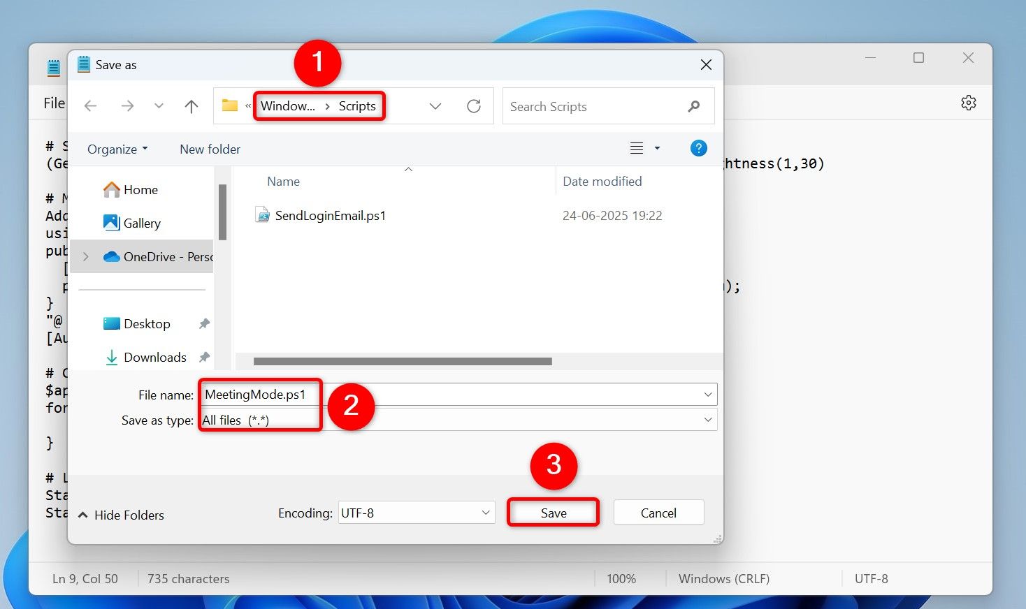 Окно 'Сохранить как' Блокнота для сохранения скрипта режима встречи.