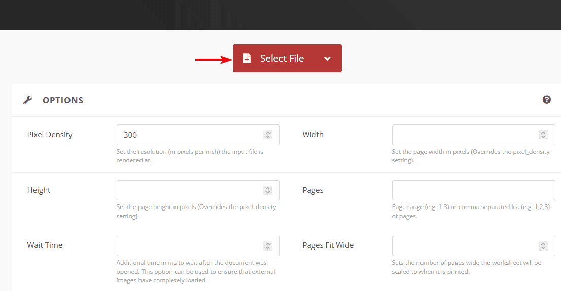 Загрузка XLS в CloudConvert: кнопка 'Select file'