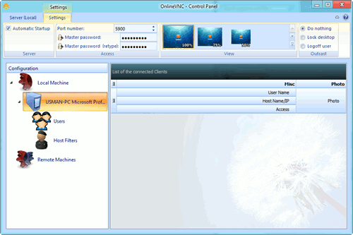 Панель управления OnlineVNC с настройками сервера