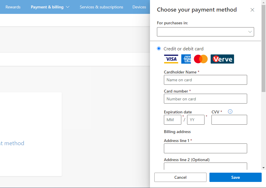 Выбор способа оплаты и кнопка Сохранить