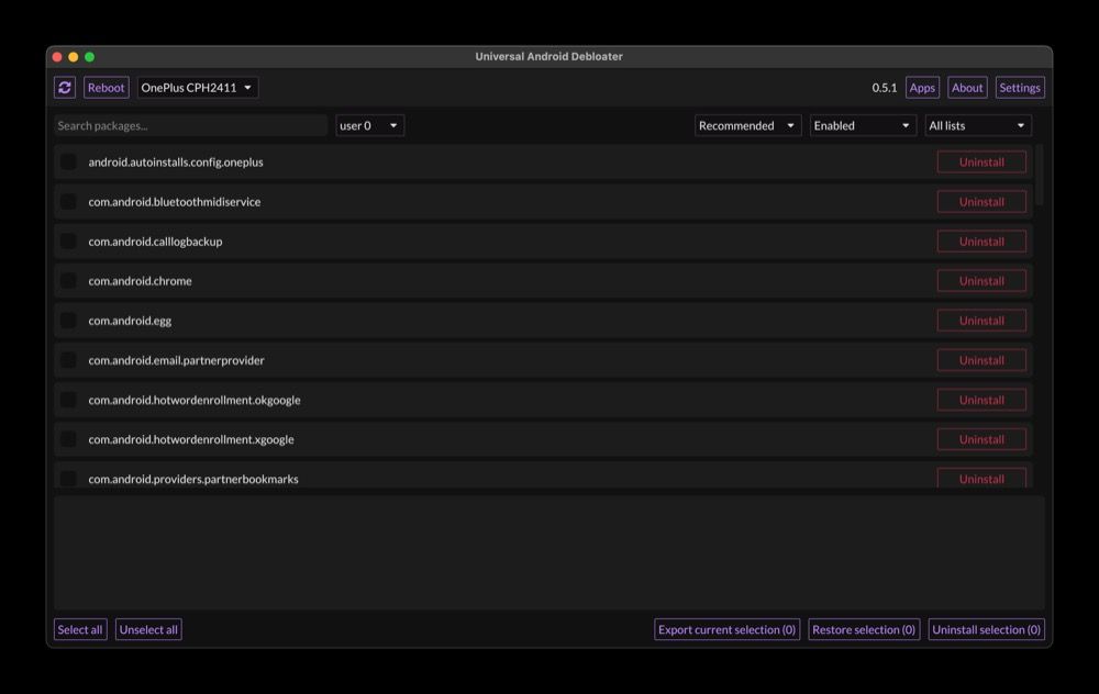Статус устройства в Universal Android Debloater