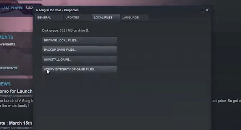 Кнопка проверки целостности файлов игры в Steam