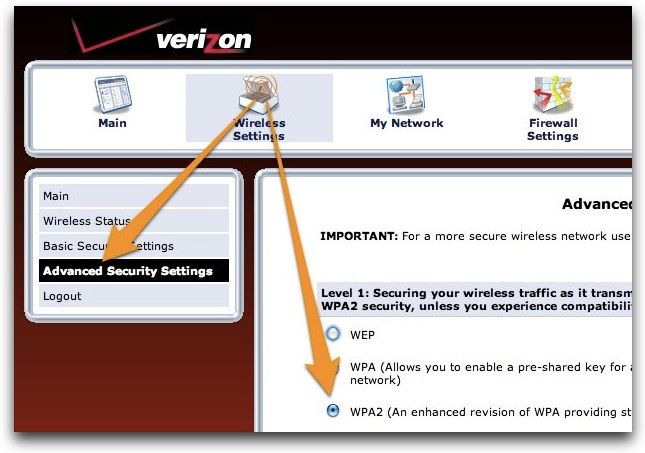 Выбор опции WPA2 в расширенных настройках безопасности