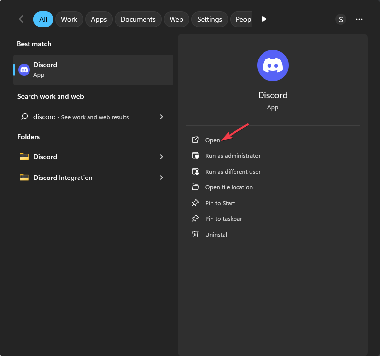 Открытие Discord через поиск Windows