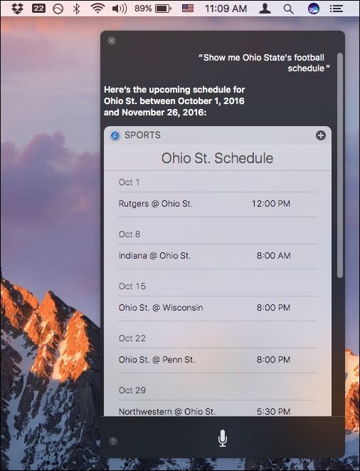 Результаты Siri в верхнем правом углу экрана