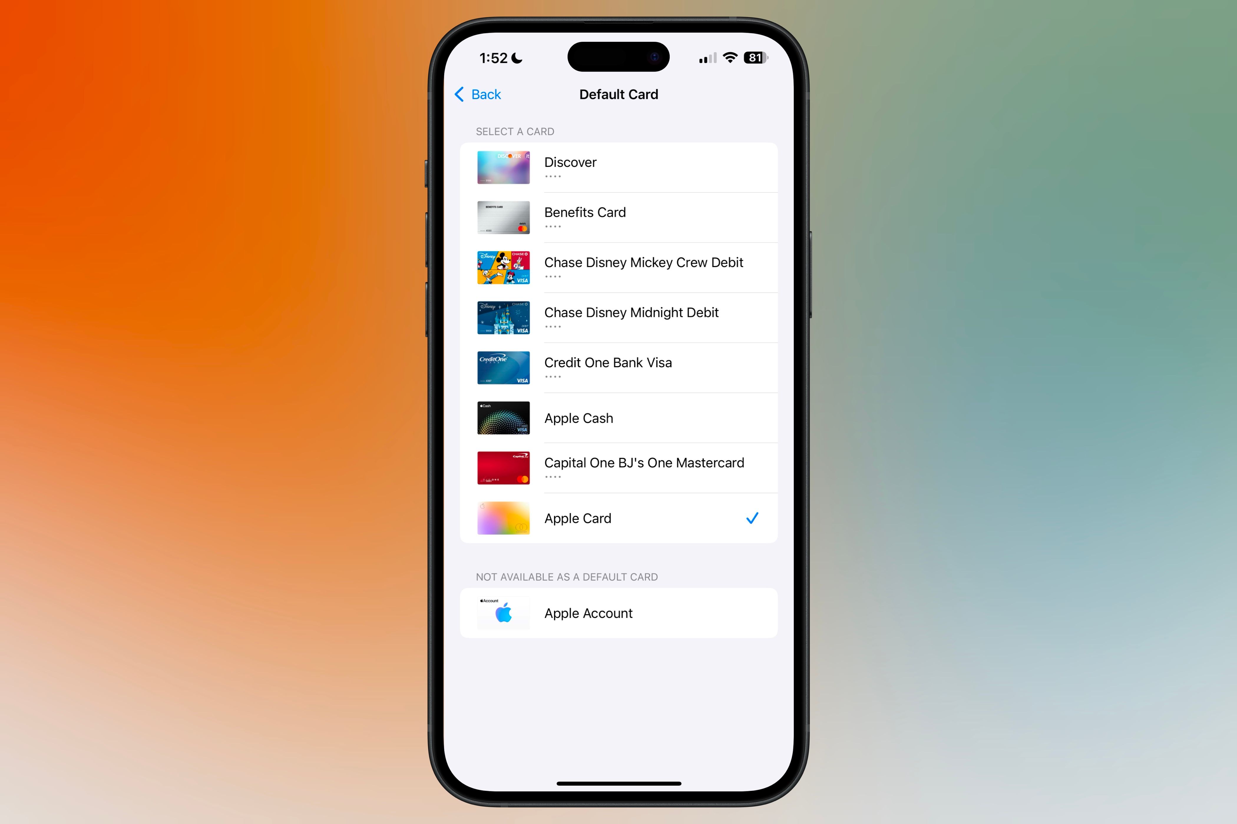 Выбор карты по умолчанию в Apple Wallet.