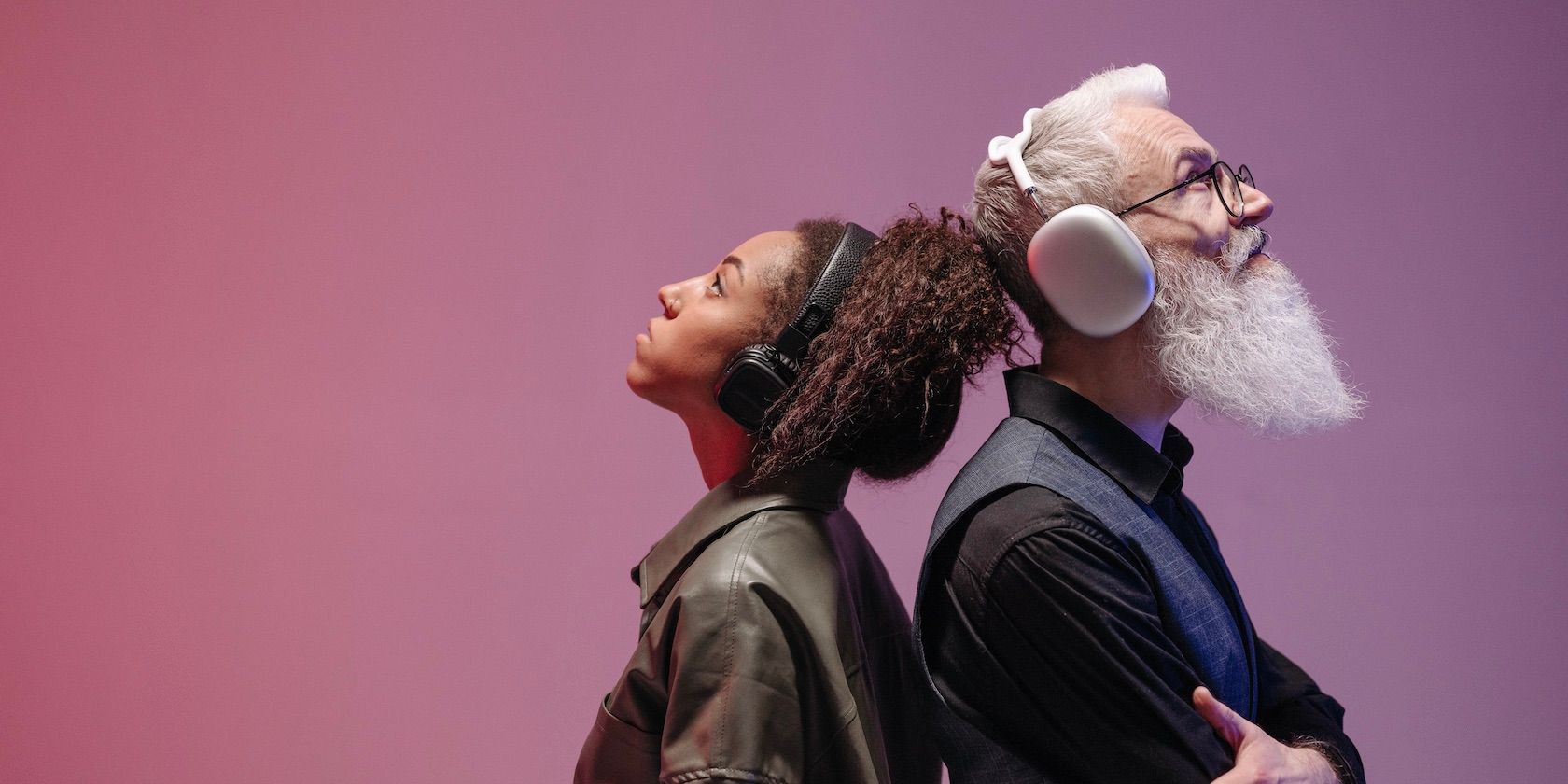 man woman headphones contemplating