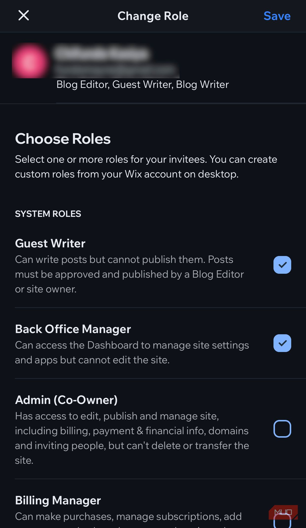 Страница изменения ролей в приложении Wix Owner