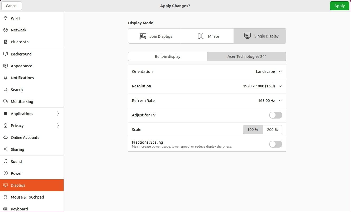 Выбор одного дисплея в настройках Ubuntu