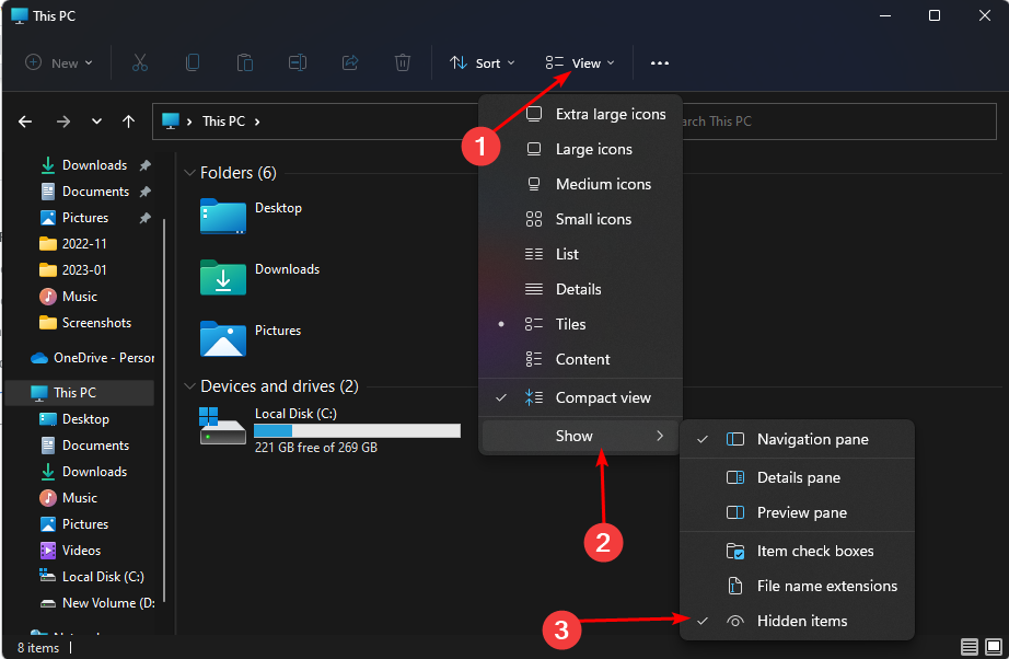 Включение показа скрытых элементов в Проводнике Windows