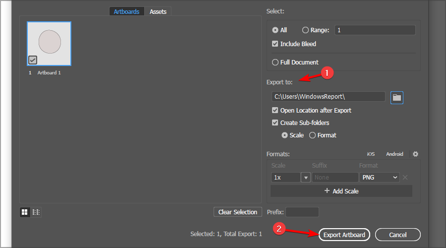 Указать путь и экспортировать артборд