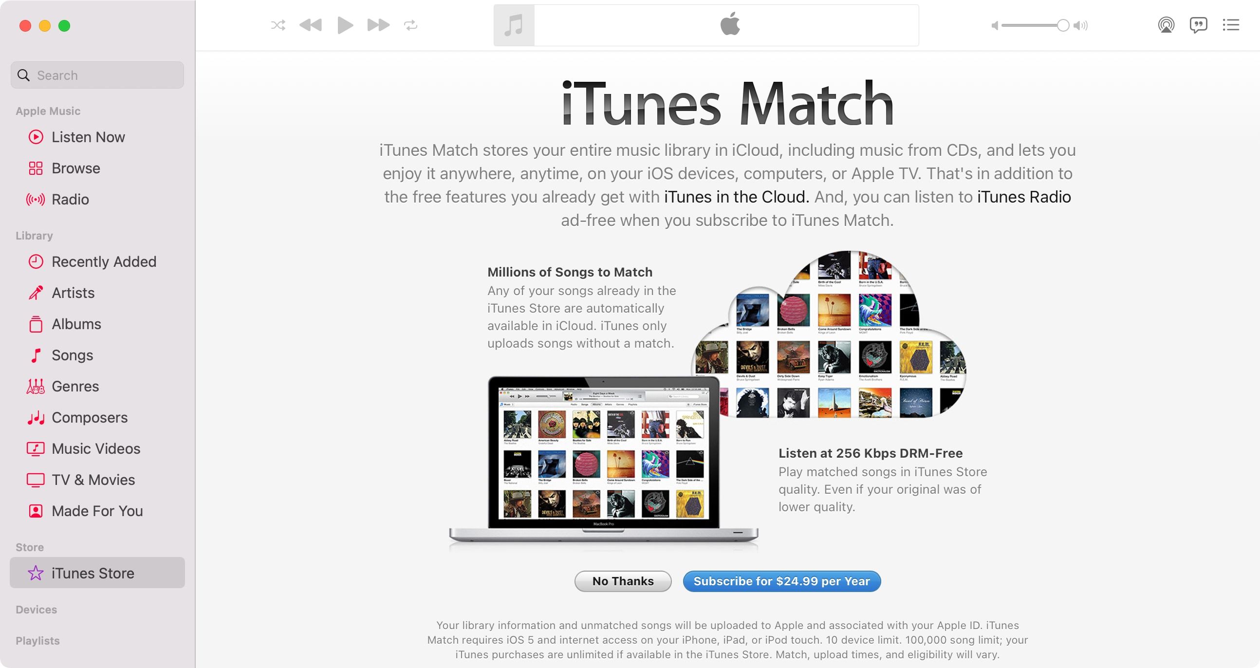 Экран iTunes Match в приложении Музыка на macOS Big Sur