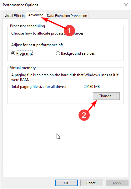 Изменить виртуальную память — окно настроек