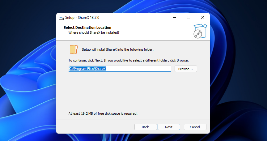 Окно установки ShareX с параметрами