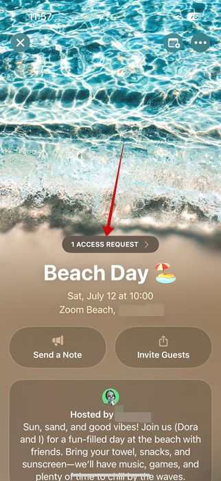 Нажатие на запрос доступа на устройстве организатора в приложении Invites на iPhone.