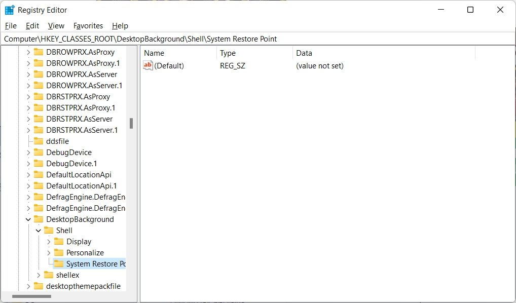 Созданный подкласс System Restore Point в редакторе реестра.