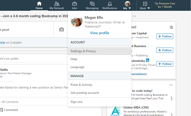 Меню 'Я' и пункт Настройки и конфиденциальность на LinkedIn