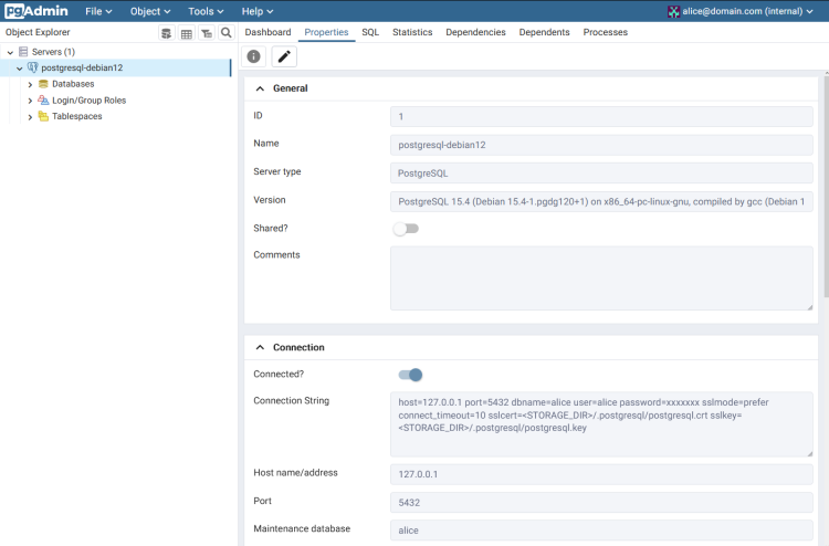 Подключённый сервер PostgreSQL в интерфейсе pgAdmin