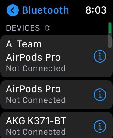 Список Bluetooth‑устройств на Apple Watch
